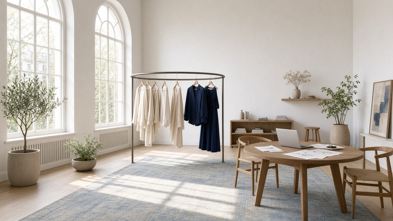 Bright apparel studio with a circular rail and round table